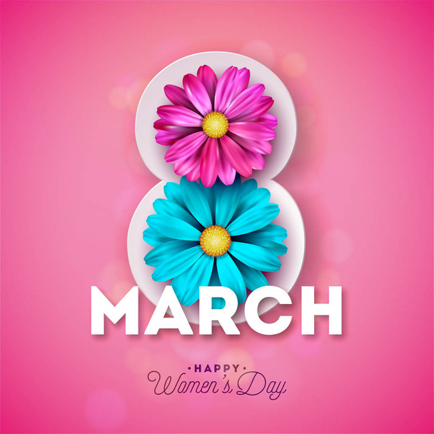 8 March. Happy Womens Day Floral Greeting card. International Holiday Illustration with Flower Design on Pink Background. Vector Spring Template. - Vector, imagen