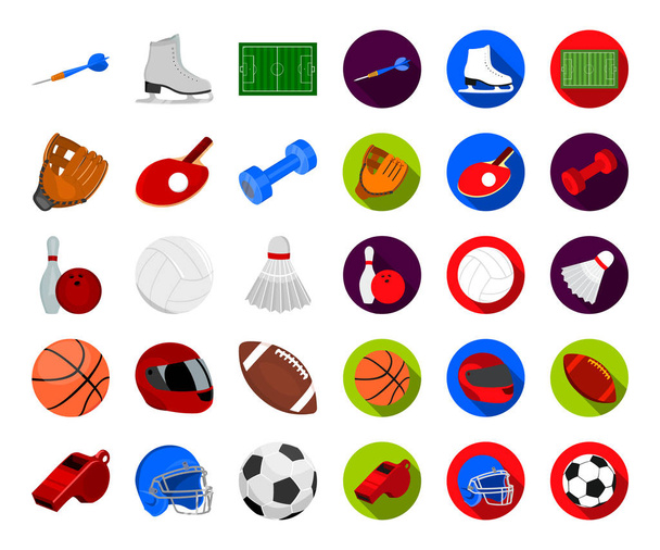 Diferentes tipos de dibujos animados deportivos, iconos planos en la colección de conjuntos para el diseño. Equipo deportivo vector símbolo stock web ilustración
. - Vector, Imagen