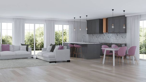 Μοντέρνο εσωτερικό σπίτι με γκρι κουζίνα. 3D rendering. - Φωτογραφία, εικόνα
