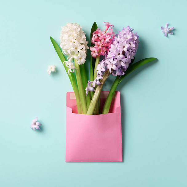 Spring hyacinth flowers in pink postal envelope over blue background with copy space. Top view, flat lay. Square crop. Spring, summer or garden concept. Creative layout - Fotó, kép