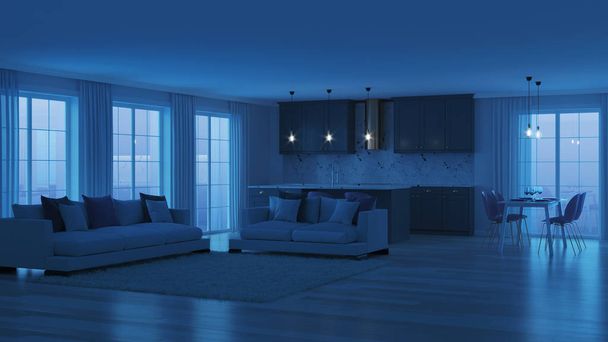 Interior de la casa moderna con cocina gris. Buenas noches. Iluminación nocturna. Renderizado 3D
. - Foto, Imagen
