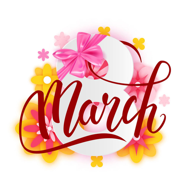 Happy International Women's Day decorative postcard banner with beautiful spring flowers, 8 March, vector illustration - Vektör, Görsel