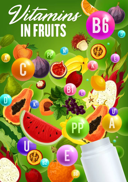 Vitamins complex in natural organic fruits - Vector, Image