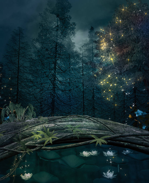 Зачарованная серия о природе - Пруд в темном лесу с водяными лилиями и сияющими огнями - 3D иллюстрация
 - Фото, изображение