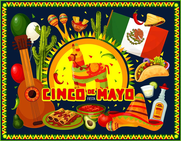Cinco de Mayo tatil fötr şapka, Pinata'yı ve gitar - Vektör, Görsel