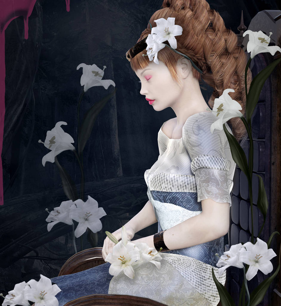 Портрет женщины, сидящей на троне с белыми лилиями - 3D иллюстрация
 - Фото, изображение