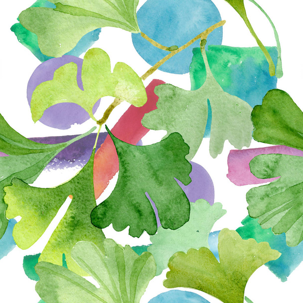 Ginkgo biloba green leaves. Watercolor background illustration set. Seamless background pattern. - Foto, Imagem