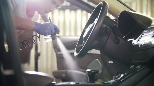 Serwis samochodowy. Rozpylanie środka czyszczącego na skórzane siedzenia w samochodzie. Wnętrza samochodu - Materiał filmowy, wideo