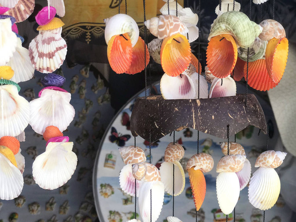 Гирлянда с раковинами является популярным сувениром, который туристы покупают в качестве сувенира из Доминиканской Республики. Морские ракушки
. - Фото, изображение