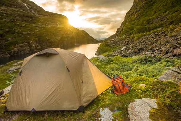tourist tent in mountains summertime sunset Norway - Φωτογραφία, εικόνα