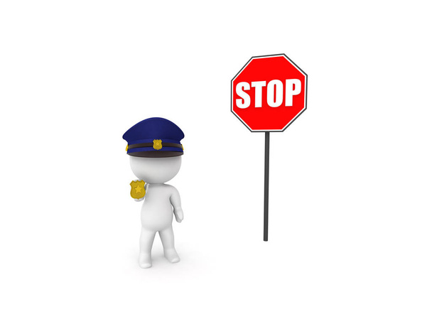 3D αστυνομικός δίπλα στην κόκκινη πινακίδα stop. 3D rendering απομονωθεί σε λευκό - Φωτογραφία, εικόνα
