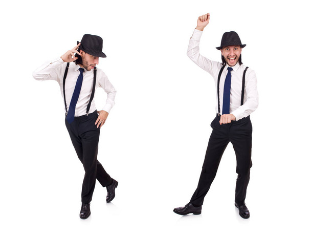Man wearing hat and suspenders isolated on white - Fotoğraf, Görsel
