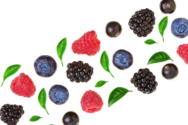 blackberry blueberry raspberry black currant with leaves isolated on white background with copy space for your text. Top view. Flat lay pattern - Photo, Image