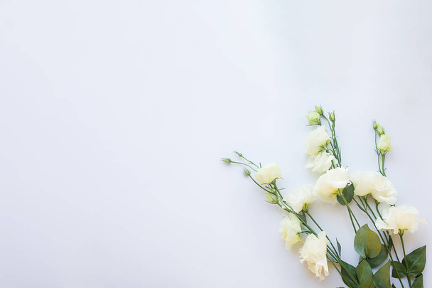 bouquet of delicate fresh white eustomas on a light white background - Foto, Imagen