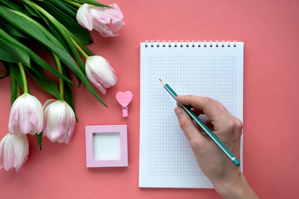 Kobiety na pulpit z Notatnika, ołówek i tulipany. -Planowanie dnia kobiet. Widok z góry - Zdjęcie, obraz
