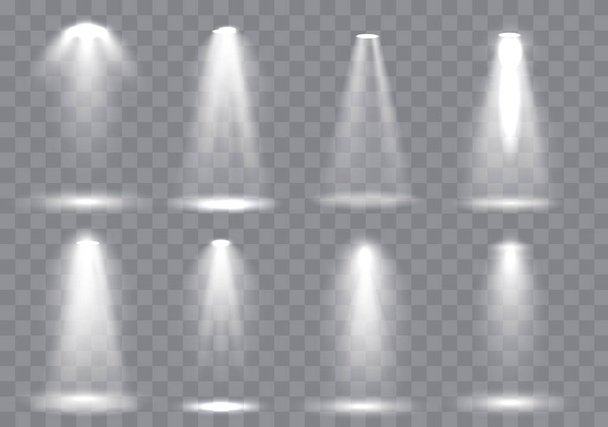 Scène verlichting collectie, schitterende transparante Studio lichteffecten. Felle verlichting met schijnwerpers. Vectorillustratie - Vector, afbeelding