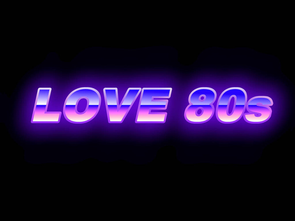 Purpule with blue futuristic text love 80s with a glow in the retro style of the 80s on a black background - Photo, Image