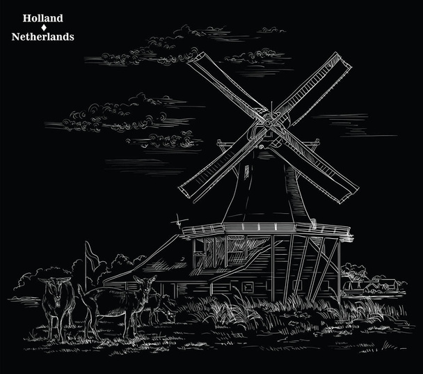 Vector hand drawing Illustration of Landmark watermill in Amsterdam (Netherlands, Holland). Watermill and goats grazing on the meadow. Vector engraving illustration in white color isolated on black background. - Vector, Image