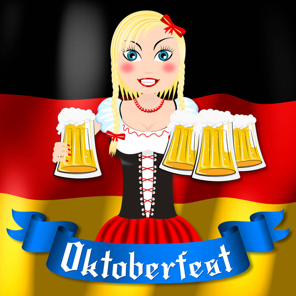 Oktoberfest - Kellnerin hält Bier und Brezel - Foto, Bild