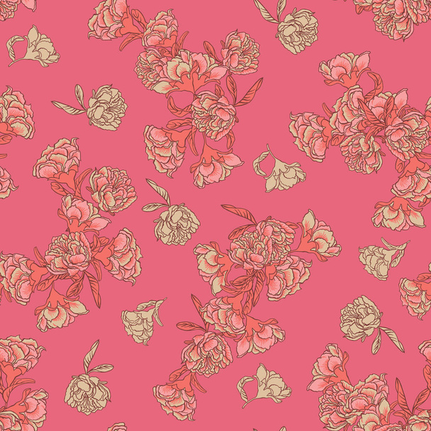 Безшовні векторні квіткові текстури китайського візерунка фону з живими кораловими гранатовими квітами на сміливому рожевому фоні
 - Вектор, зображення