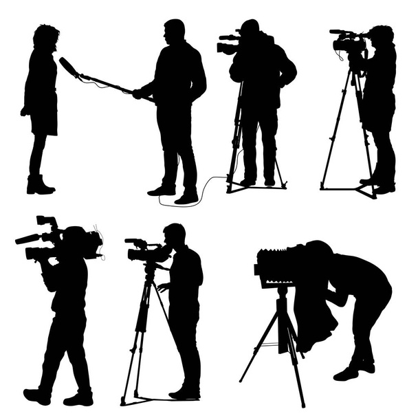 Set cameraman with video camera. Silhouettes on white background - Vector, Image