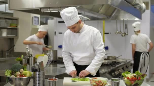 Koch bereitet Salat zu und verletzt sich dann am Handgelenk - Filmmaterial, Video