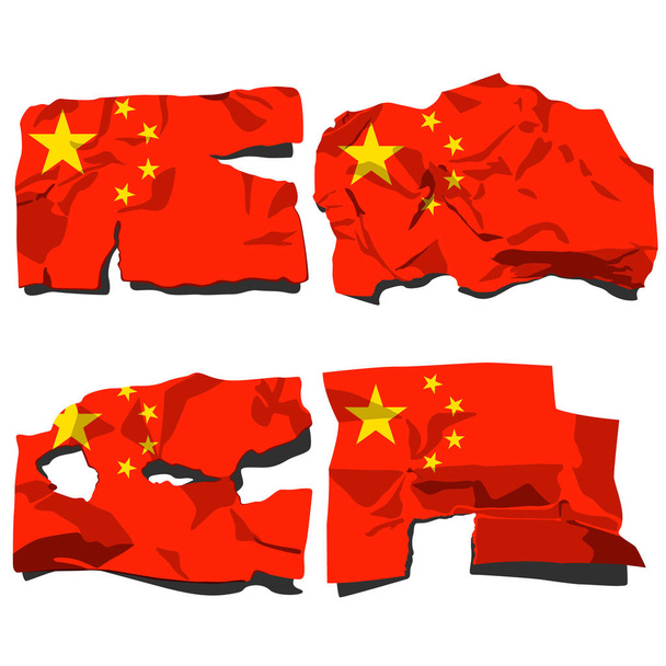 Satz von vier Flaggen, Darstellung zerrissener Flaggen, Volksrepublik China Flagge, Vektor isoliert auf weißem Hintergrund - Vektor, Bild