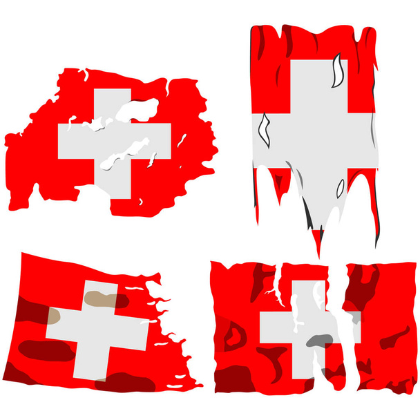 conjunto de quatro bandeiras, ilustração de bandeiras rasgadas, bandeira da Suíça, vetor isolado em fundo branco
 - Vetor, Imagem