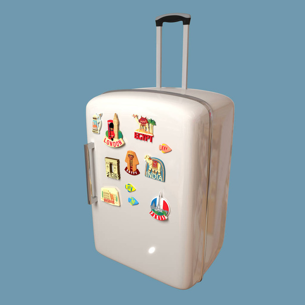 3D απεικόνιση ενός ψυγείου με μαγνήτες με τη μορφή μια βαλίτσα ταξιδίου. τρισδιάστατη μοντελοποίηση - Φωτογραφία, εικόνα