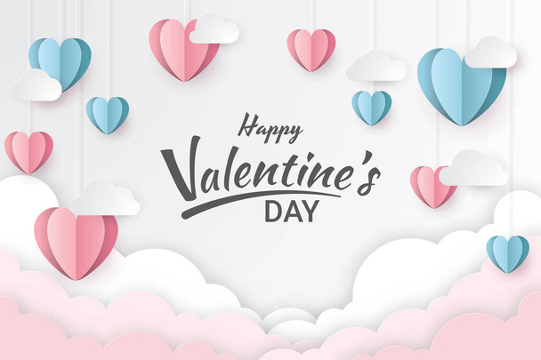 Happy Valentijnsdag met ballon hart en wolken. Papier knippen stijl. Vectorillustratie - Vector, afbeelding