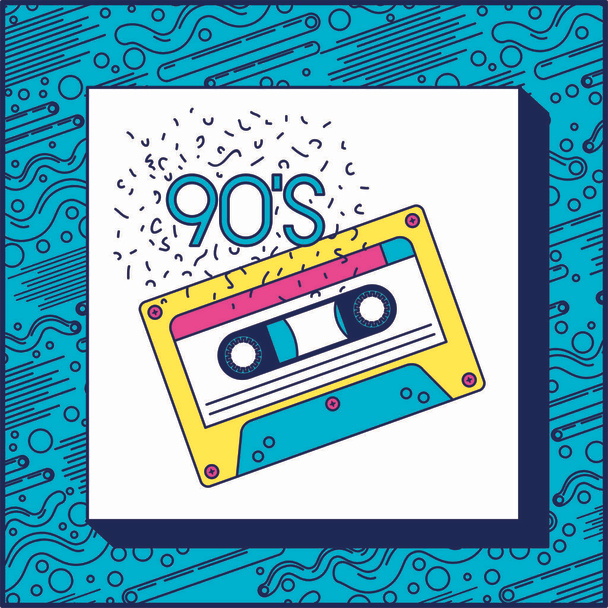 90s label with retro cassette - Vector, imagen
