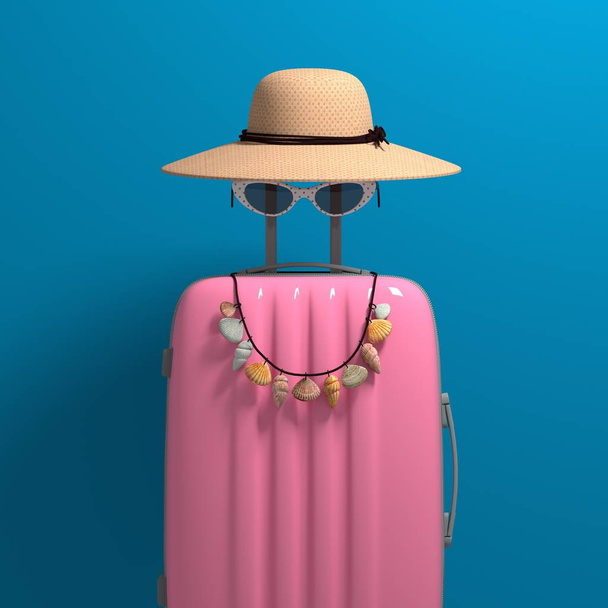 3d illustration journey. Female image in the form of a suitcase and a hat on a blue background. Travel concept - Φωτογραφία, εικόνα