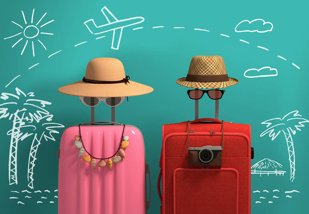 3d illustration journey. Male and female image in the form of suitcases and hats. Palm trees and sea are painted on the background. Travel concept - Φωτογραφία, εικόνα