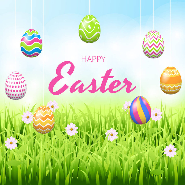 Šťastné Velikonoce pozadí šablony s krásné květiny, trávy a vejci. S pozdravem Card. vektorové ilustrace - Vektor, obrázek