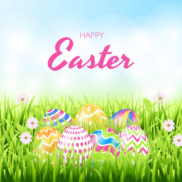 Happy easter background template with beautiful flowers, grass and eggs. Greeting Card. Vector illustration - Vektor, Bild