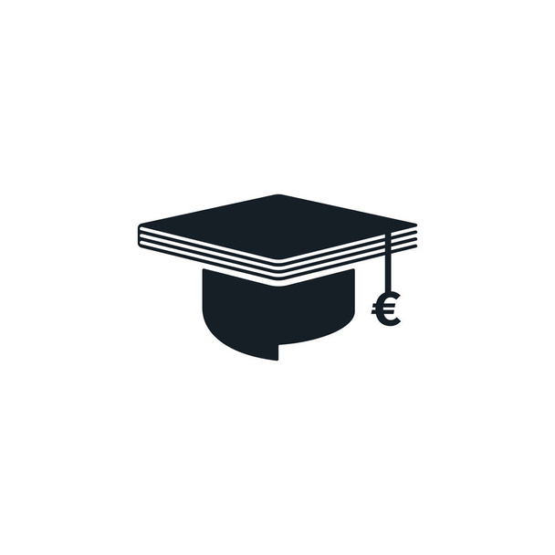 Cappellino graduato con simbolo euro e libro sagomato su sfondo bianco. Progettazione di concetti educativi e finanziari. - Vettoriali, immagini