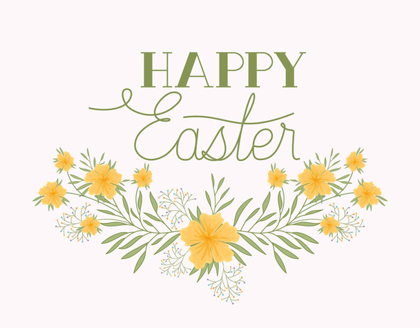cartão de Páscoa feliz com fonte artesanal e flores
 - Vetor, Imagem