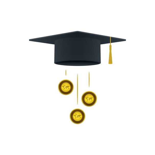 Icona di supporto educativo con oro e tappo di laurea su sfondo bianco. Progettazione di concetti educativi e finanziari. - Vettoriali, immagini
