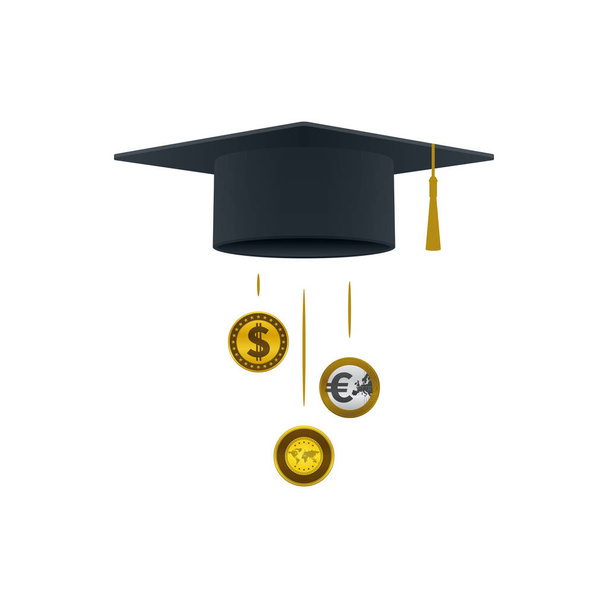 Icona di sostegno all'istruzione con moneta in dollari, moneta in euro, oro e tappo di laurea su sfondo bianco. Progettazione di concetti educativi e finanziari. - Vettoriali, immagini