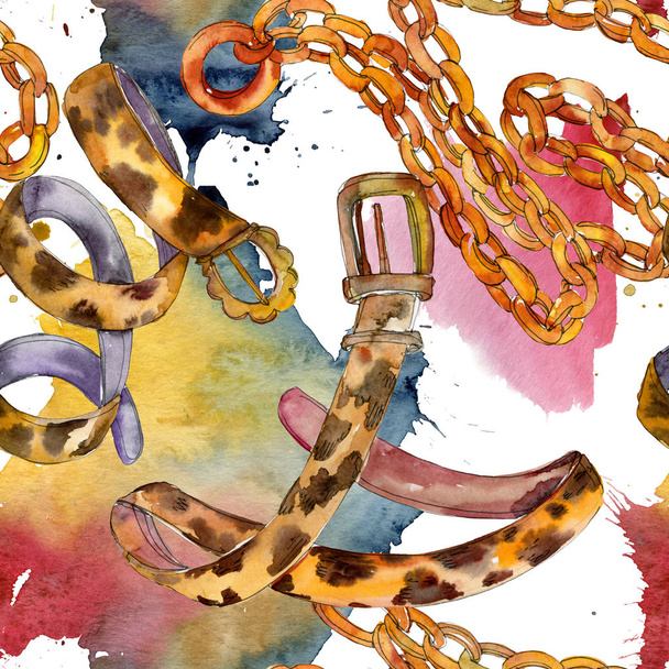 Leather and golden chain belts fashion glamour illustration in a watercolor style. Seamless background pattern. - Fotografie, Obrázek