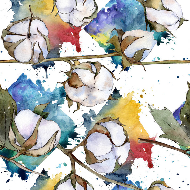 White cotton floral botanical flower. Watercolor background illustration set. Seamless background pattern. - Photo, Image