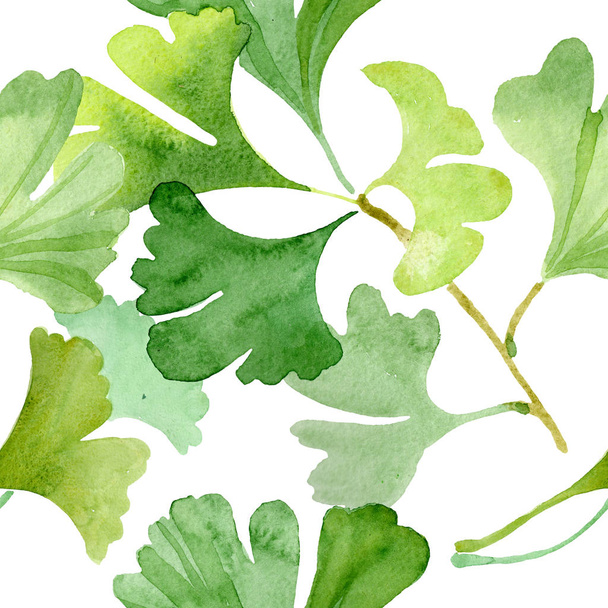 Ginkgo biloba green leaves. Watercolor background illustration set. Seamless background pattern. - Photo, Image