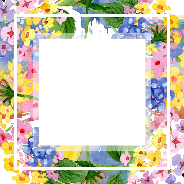 Rosafarbene lantana botanische Blüte. Aquarell Hintergrundillustration Set. Rahmen Rand Ornament Quadrat. - Foto, Bild