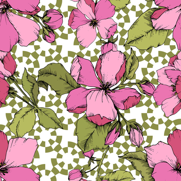 Vector Pink Apple blossom floral botanical flower. Engraved ink art. Seamless background pattern. - Vektor, Bild