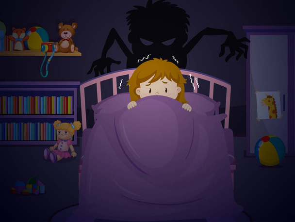 Fille dans la chambre à coucher avec illustration cauchemar
 - Vecteur, image