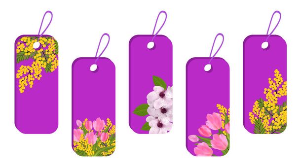 Set purple stickers and labels with spring flowers. Blossoms tulip, mimosa and sakura or cherry. Vector illustration. - Vector, Image