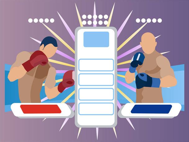 Twee deelnemers in de strijd. De presentatie van de boksers. Scorebord in minimalistische stijl. Plat isometrische vector - Vector, afbeelding