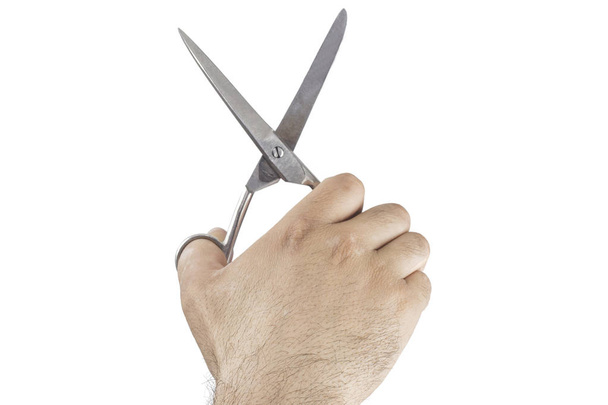 fryzjer, trzymając w ręku nożyczki do strzyżenia włosów na białym tle - Zdjęcie, obraz