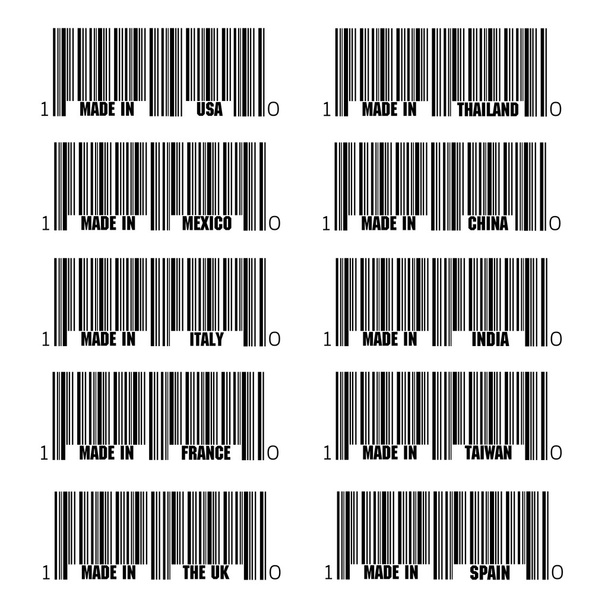 イタリア、フランス、米国、英国、スペイン、タイ、中国、インド、台湾、イタリアで作られたシンボルの黒のバーコードのセット - ベクター画像