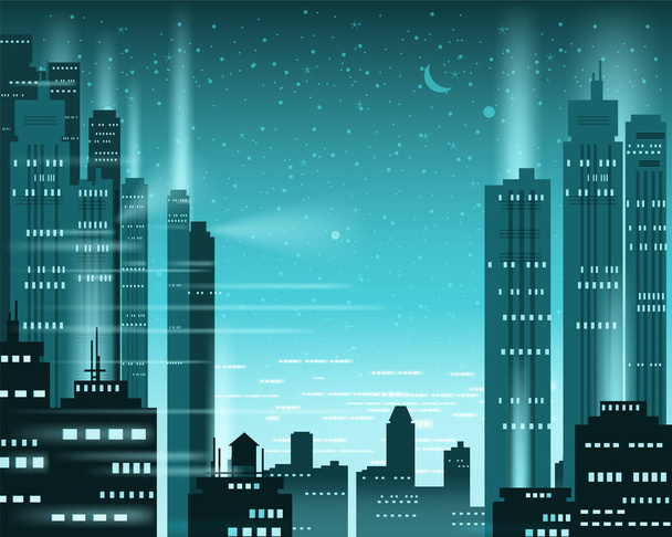 Cityscape Μητρόπολη νυχτερινά φώτα της μια μεγάλη πόλη, φωτεινές νέον, ουρανοξύστες, στο κέντρο της πόλης, στον ορίζοντα, σιλουέτες των κτιρίων. Διάνυσμα, εικονογράφηση, απομονωμένες, φόντο, πρότυπο, banner - Διάνυσμα, εικόνα